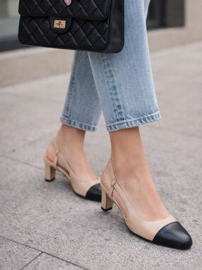 NWOT Nude & Black Cap Toe Slingback Heels Leather Upper Size 9.5 B Spain